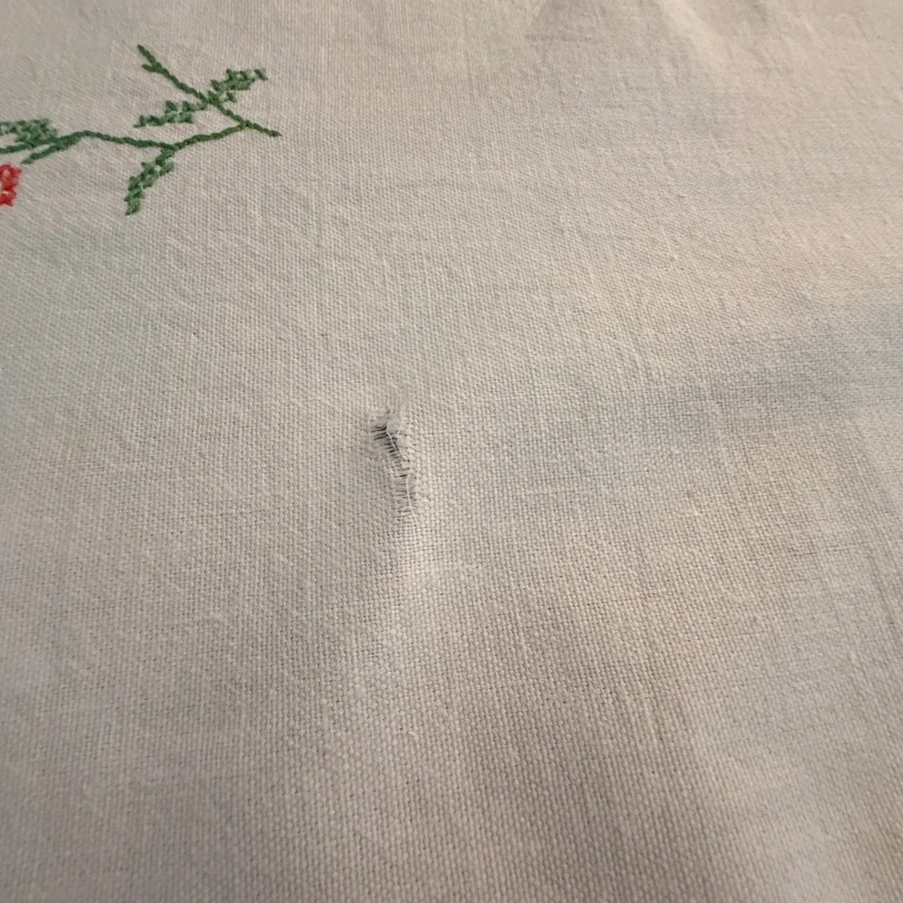 Vintage Hand Embroidered‎ Table Runner Set Floral Cross Stitch White Linen 2pc